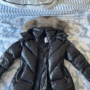 Moncler Shiny Black Puffer Jacket with Fur Trim